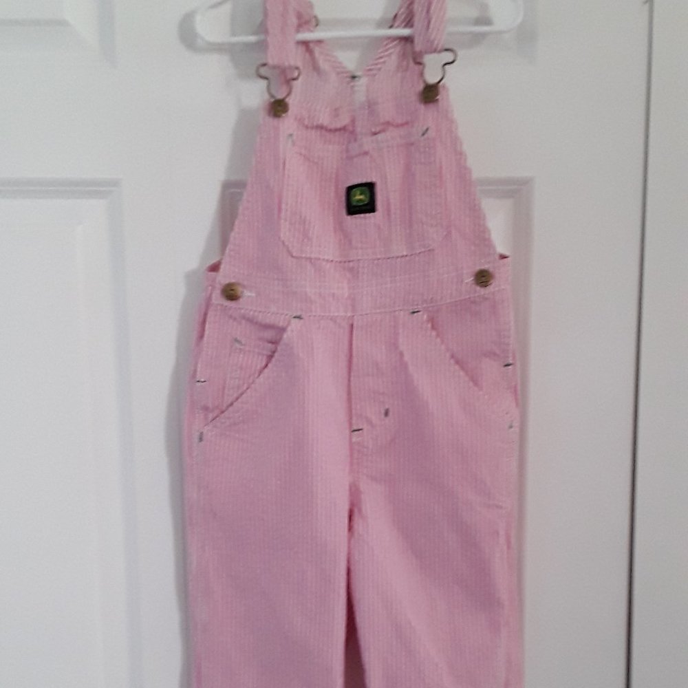 JOHN DEERE PINK & WHITE SIZE 6 BIB OVERALLS GUC